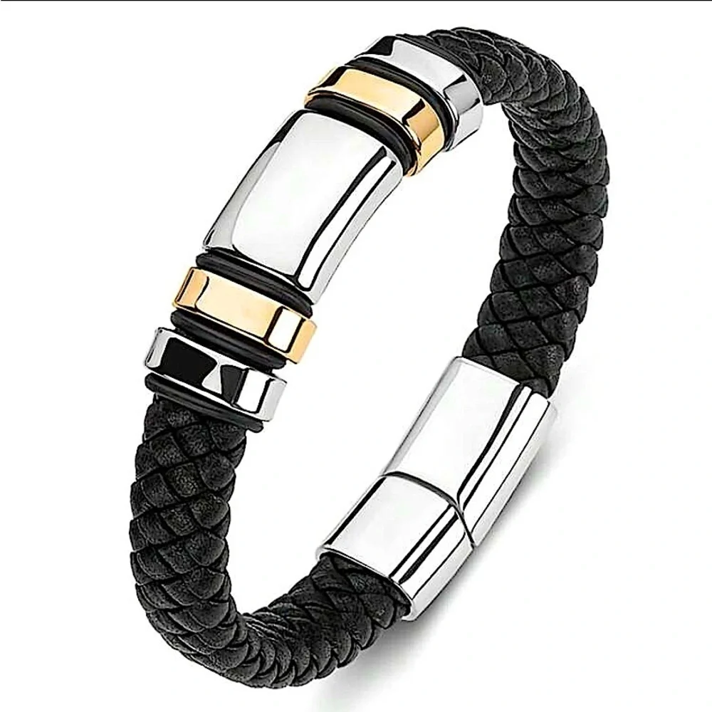 BLACK STAINLESS STEEL LEATHER BRACELET SILVER AND GOLD